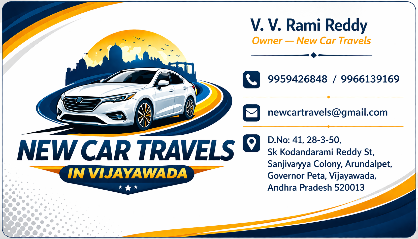 V. V. Rami Reddy — Owner of New Car Travels Vijayawada — visiting card